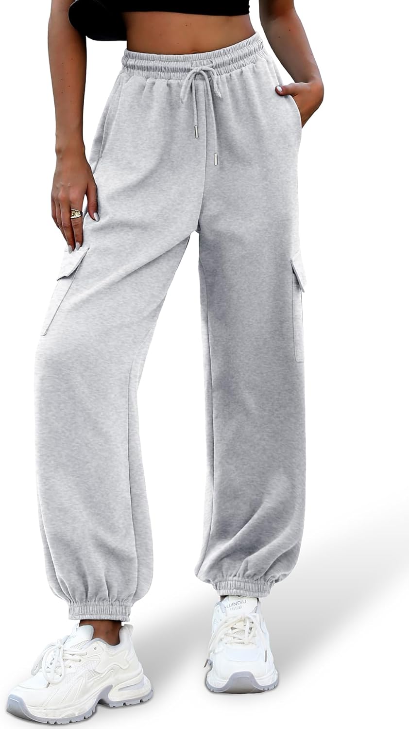 High Waisted Sweatpants for Women - Baggy Cuffed Jogger with Cargo Pockets and Adjustable Drawstring