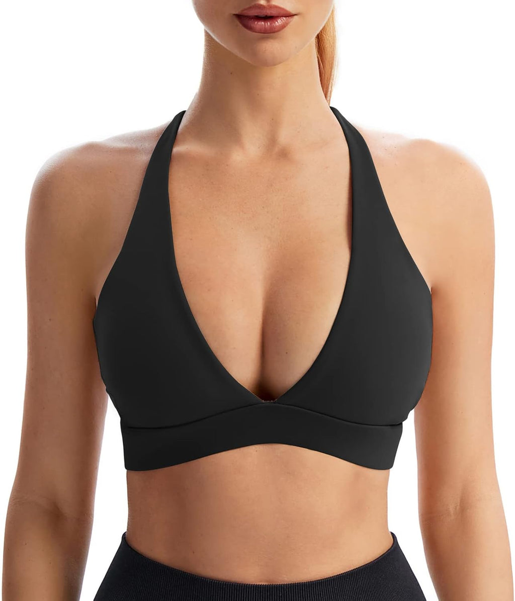 Sports Bra for Women Push Up Strappy Workout Top Padded Deep V-Neck Triangle Bralettes with Support Gym