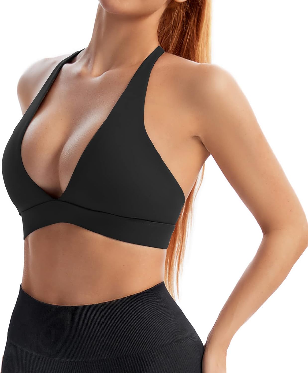 Sports Bra for Women Push Up Strappy Workout Top Padded Deep V-Neck Triangle Bralettes with Support Gym