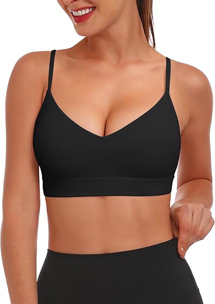 V Neck Sports Bra for Women, Padded Push up Women's Sport Bras Adjustable Thin Straps, Light Support Yoga Camisole Basic Top, Low Impact Spaghetti Strap Sport Racerback Bras Black M