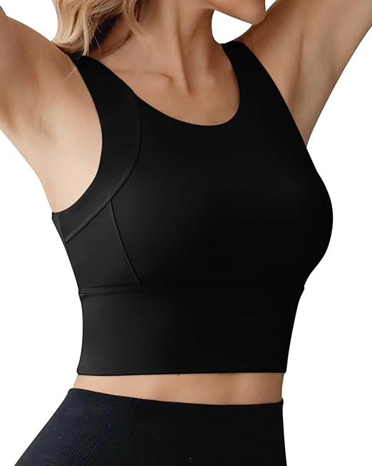 High Neck Sports Bra for Women Longline Medium Impact Workout Crop Tank Tops Wirefree Padded Yoga Bra Gym