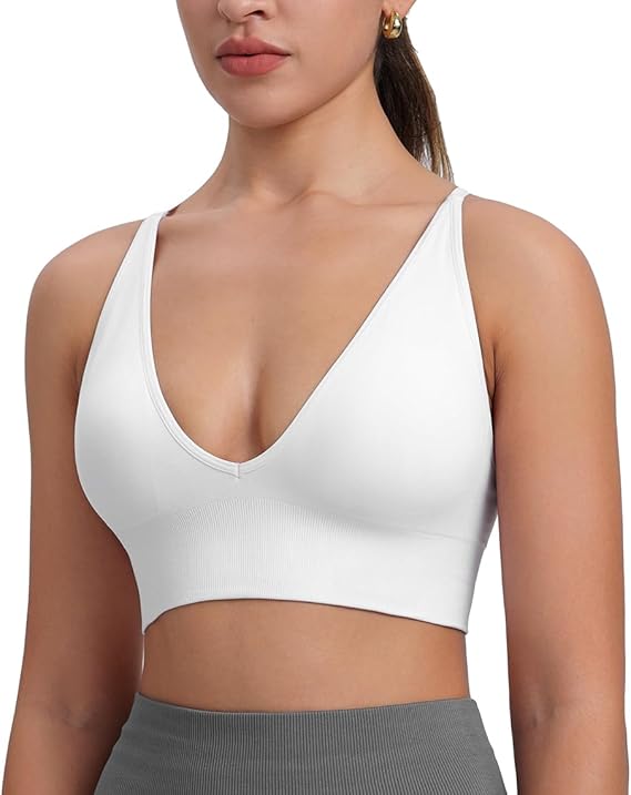 Womens Deep V-Neck Longline Sports Bra, Strappy Criss Cross Padded Cups Adjustable Spaghetti Straps Workout Yoga Crop Top
