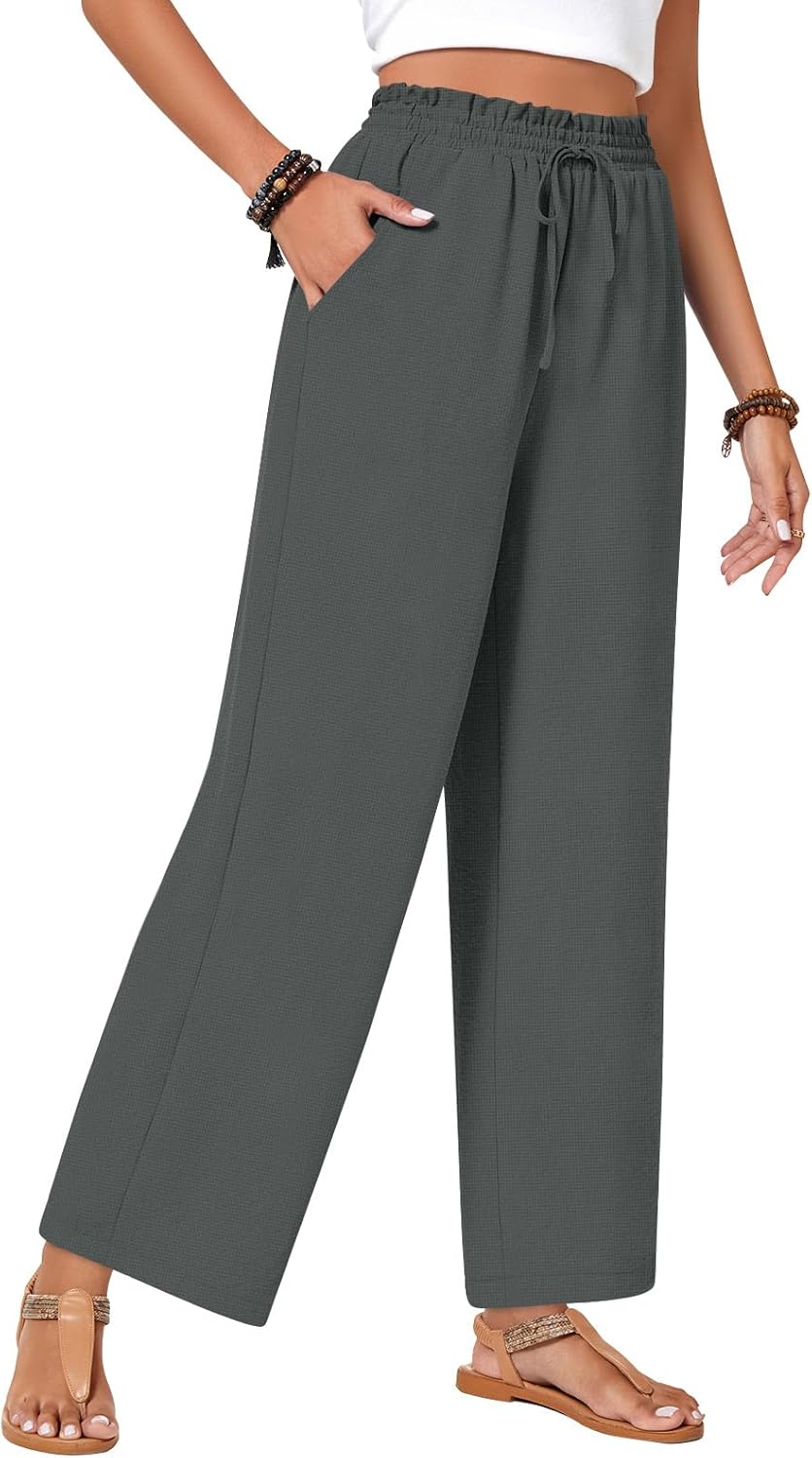 Women Business Casual Pants, Loose Fit Long Trousers 2025 Spring High Waist Waffle Knit Sweatpants with Pockets