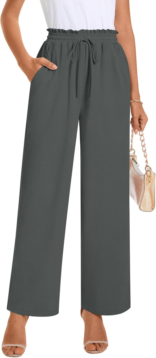 Women Business Casual Pants, Loose Fit Long Trousers 2025 Spring High Waist Waffle Knit Sweatpants with Pockets