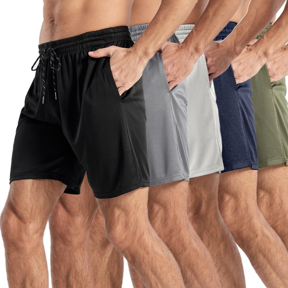 Men 5" Inseam Mesh Workout Shorts 5-Pack – Lightweight, Breathable Athletic Shorts for Gym, Sports & Daily Wear