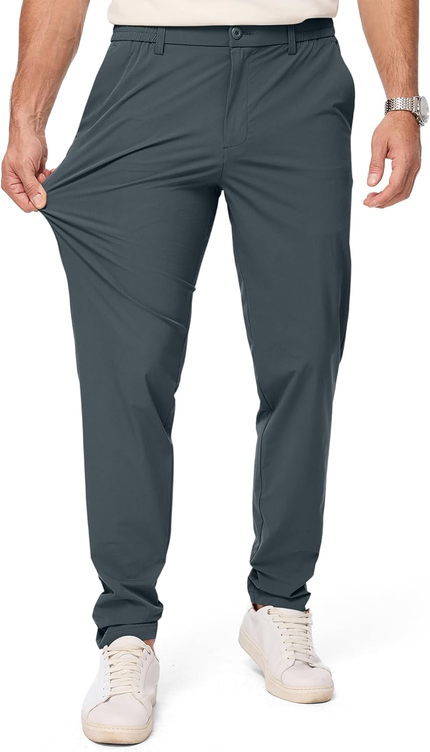 Men Casual Elastic Waist Pants Water Resistant Quick-Dry Lightweight Outdoor Golf Pant with Zipper Pockets