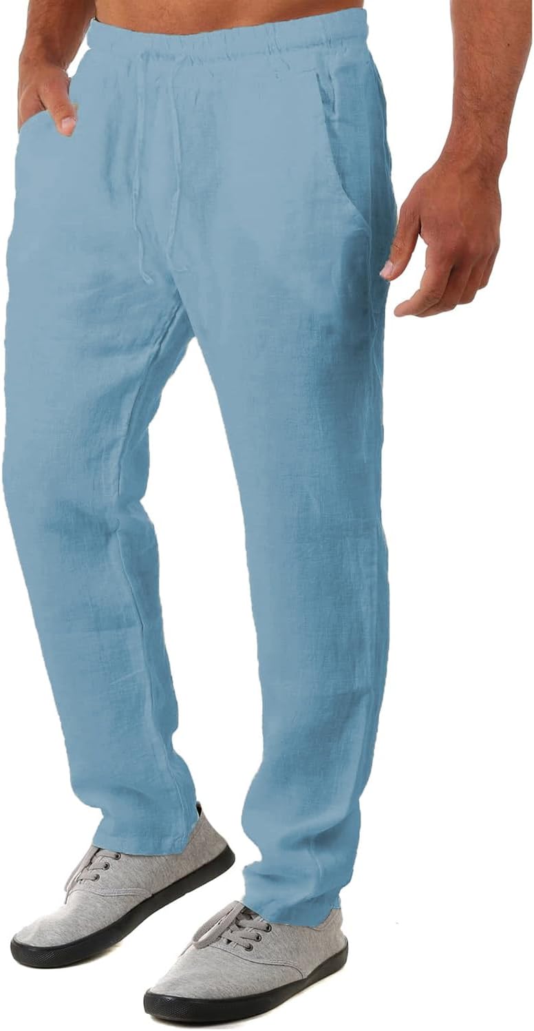 Men Lightweight Cotton Linen Pants Casual Trousers Drawstring Yoga Beach Pants with Pockets