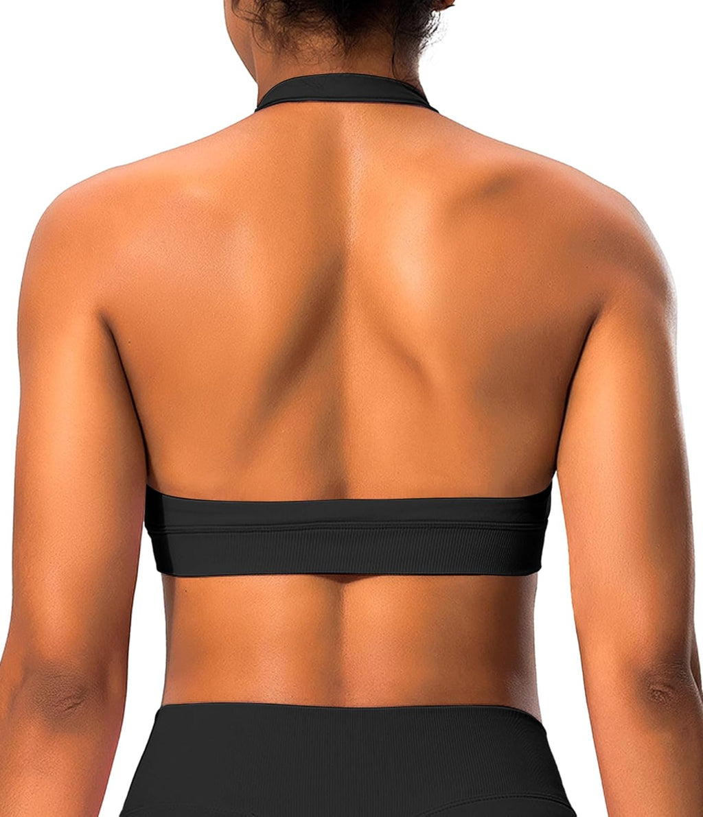 Halter Sports Bras for Women Backless Workout Bra Seamless Open Back Strappy Yoga Bra Crop Top with Removable Cups