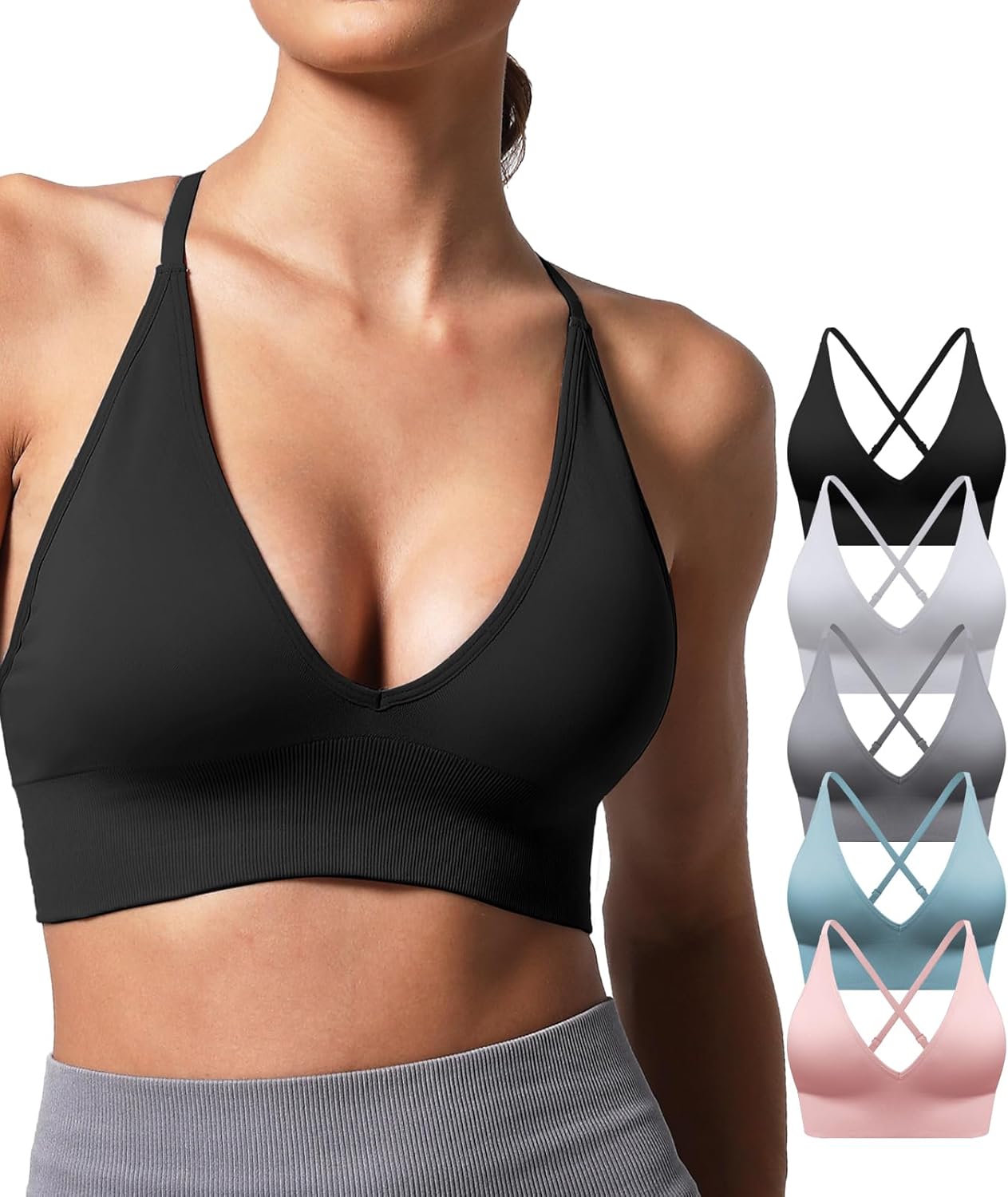V Neck Adjustable Spaghetti Straps Sports Bra for Women, Padded Criss Cross Back Longline Yoga Bra Workout Crop Top Multipack