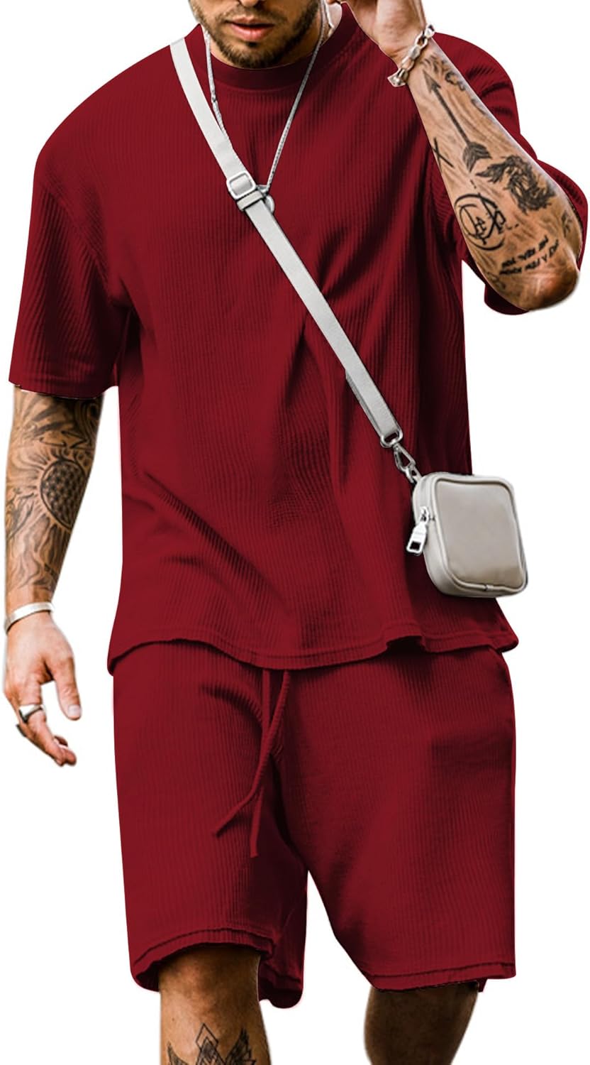 Men Short Sleeve Tracksuit Summer T Shirt & Shorts set 2 Pockets Oversize Two Piece Casual Daily Duty-off