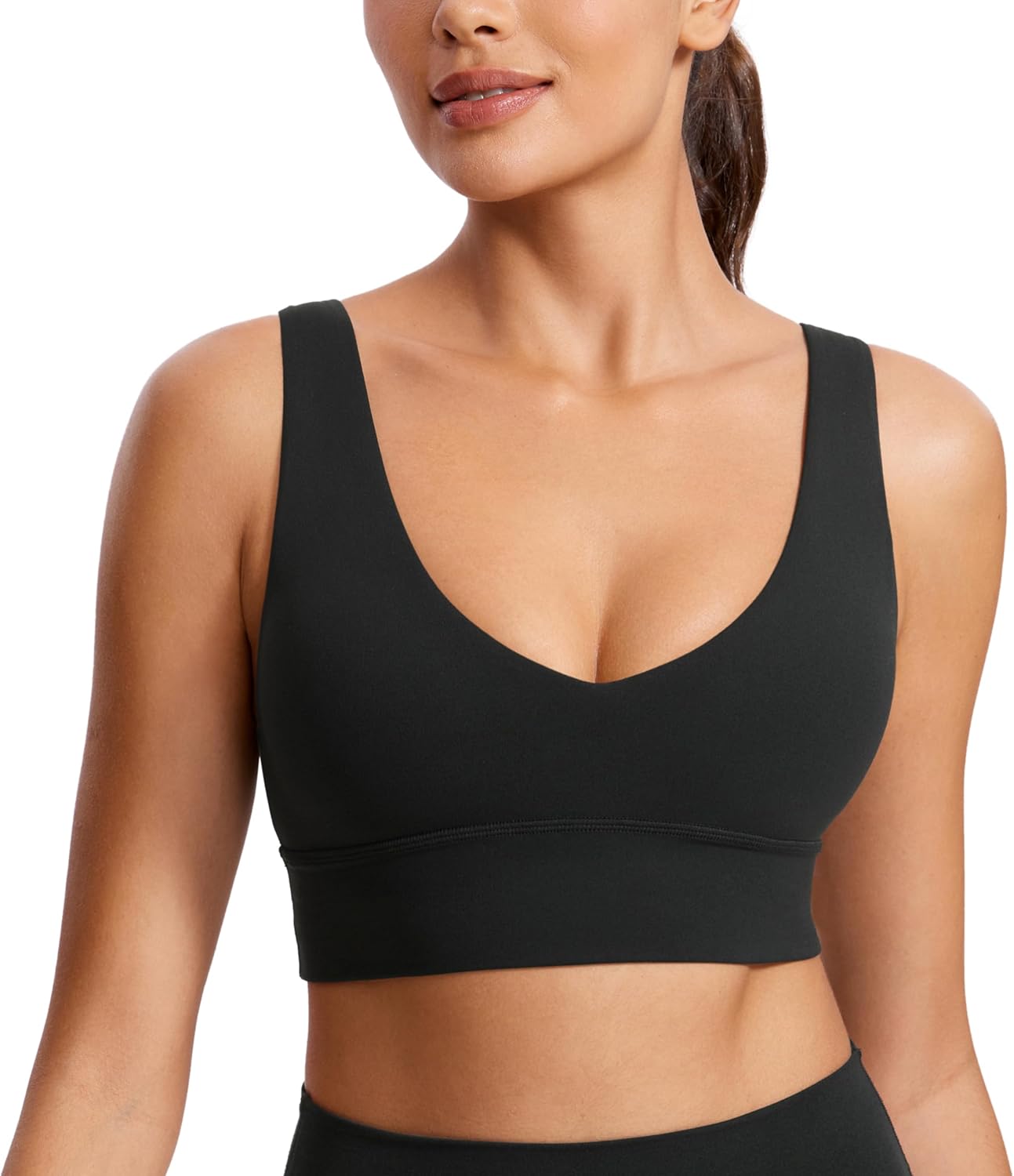 Womens V-Neck Longline Sports Bra - Wireless U-Shaped Open Back Yoga Low Impact Padded Crop Top