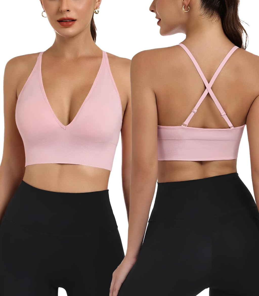 Womens Sports Bras Deep V Neck Wireless Padded Bra Adjustable Criss Cross Low Support Yoga Sexy Bras