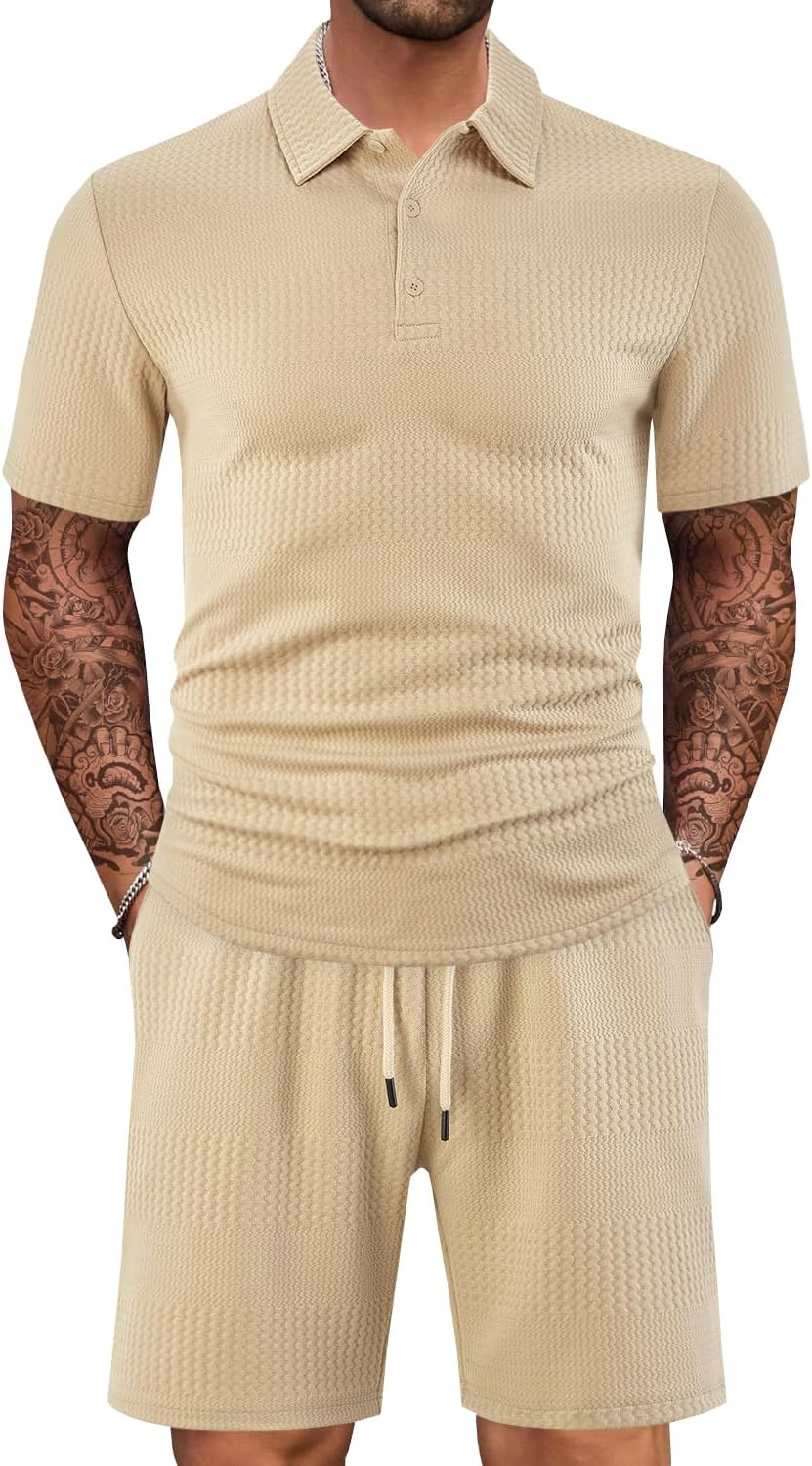 Men 2 Piece Outfits Polo Shirt and Shorts Set Short Sleeve Tracksuits Casual Athletic Jogging Summer Outfits