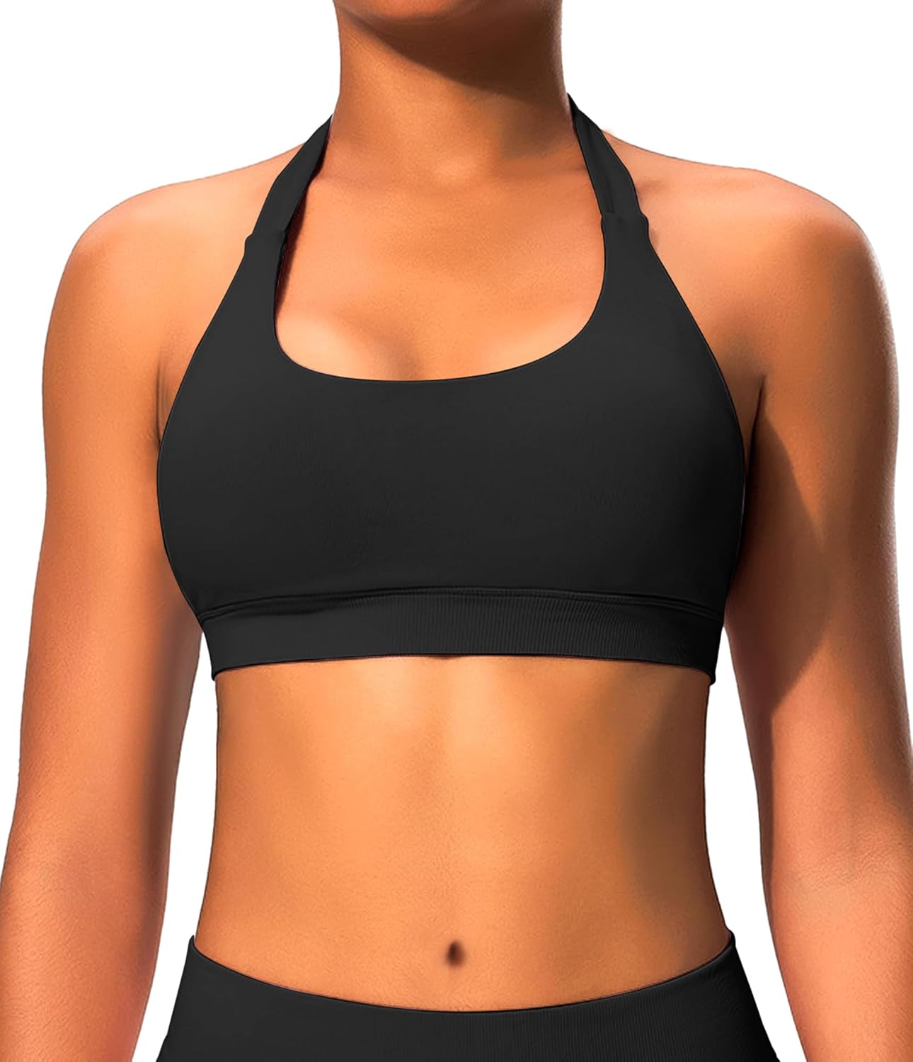 Halter Sports Bras for Women Backless Workout Bra Seamless Open Back Strappy Yoga Bra Crop Top with Removable Cups