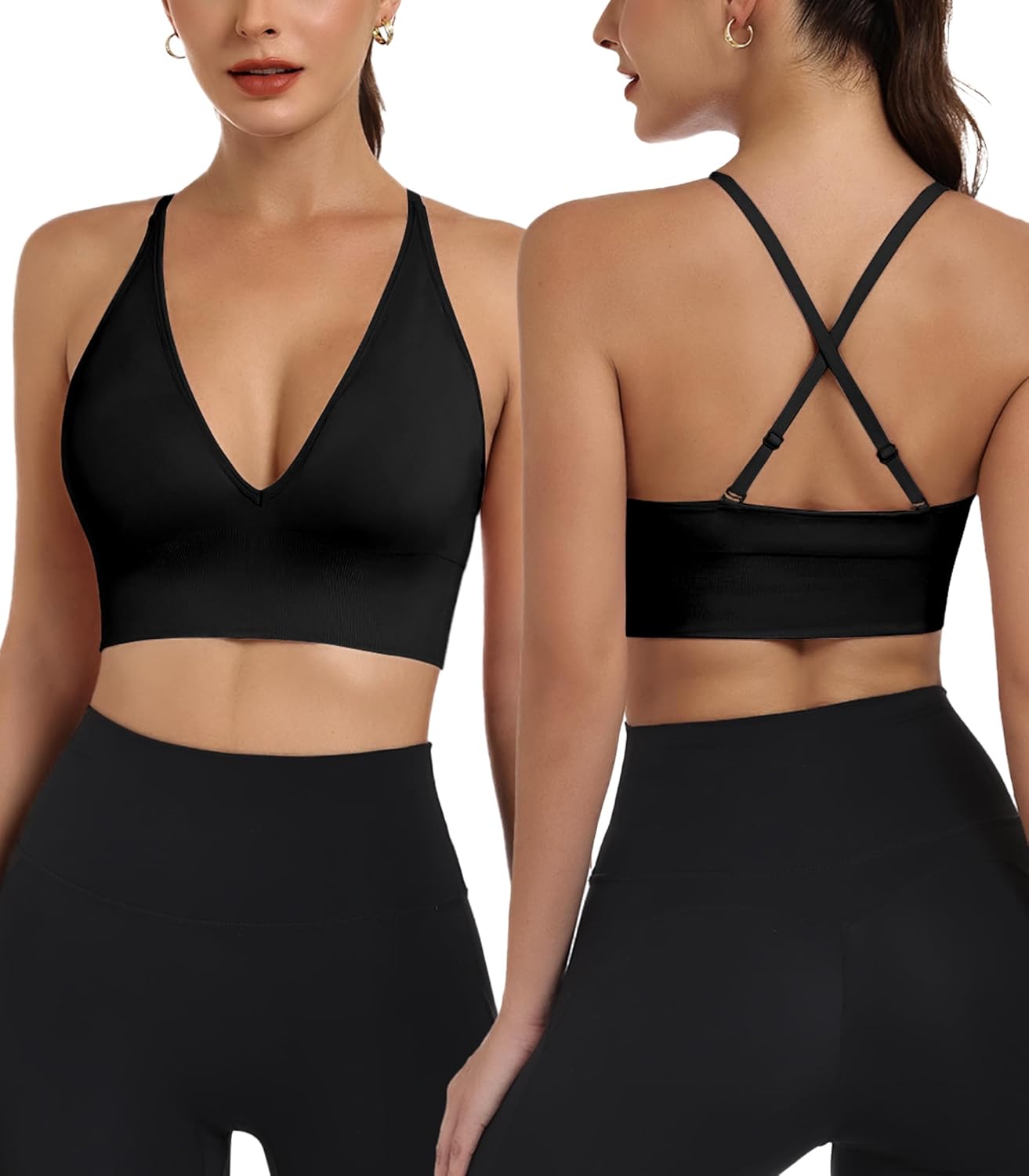 Womens Sports Bras Deep V Neck Wireless Padded Bra Adjustable Criss Cross Low Support Yoga Sexy Bras