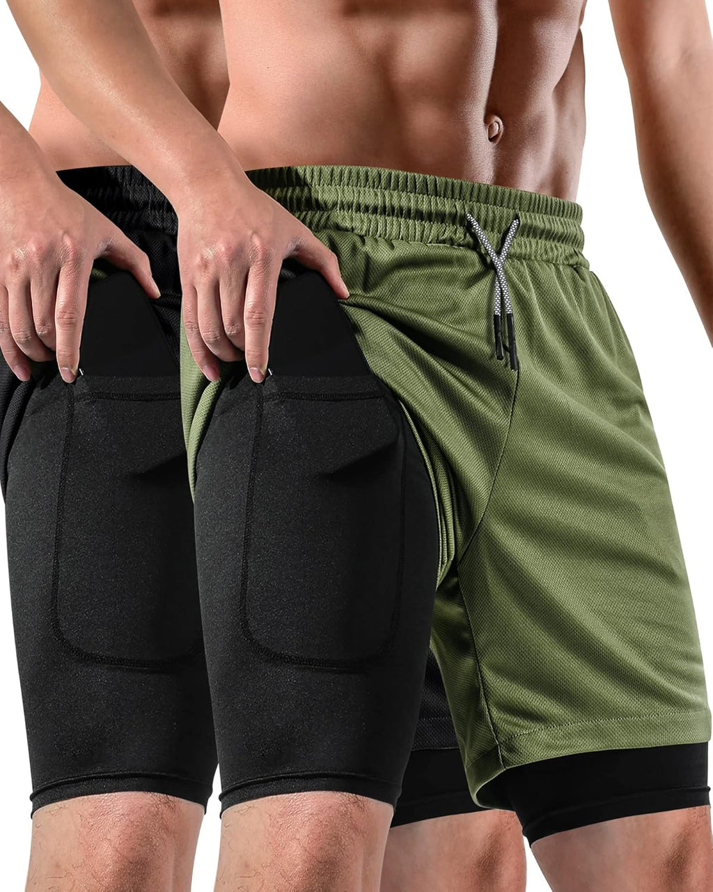 2 in 1 Men Shorts Casual 2 Pack, Running Gym Shorts for Men 7 Inch, Workout Shorts Men with Pockets &Towel Loop