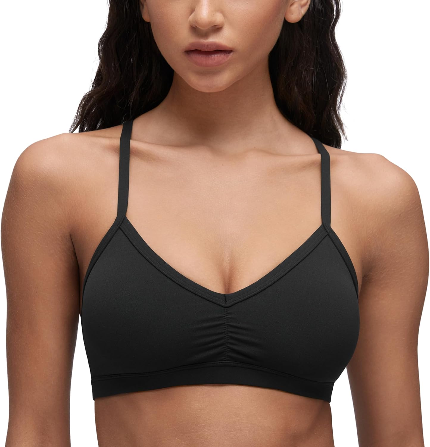Womens  Ruched V Neck Sports Bra - Y Back Spaghetti Thin Strap Wireless Padded Yoga Crop Top